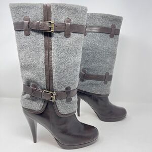 Cole Haan Air Kennedy Buckle Belted Dark Brown Leather Grey Felt Wool Boots 6